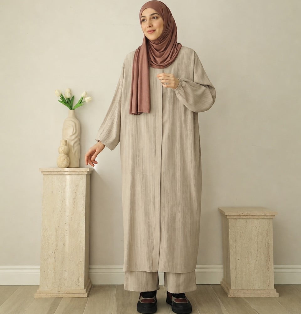 slim fit dress slacks Modest Muslim Women's Three Piece Set with Pants & Ruffle Cardigan main image 1