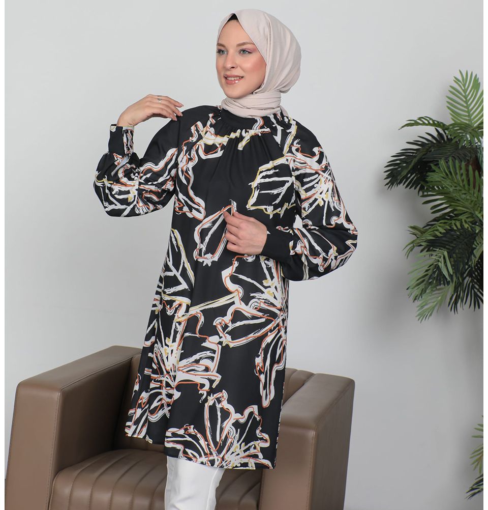 Modefa Modest Woman's Floral Abstract Tunic 2486 - Black