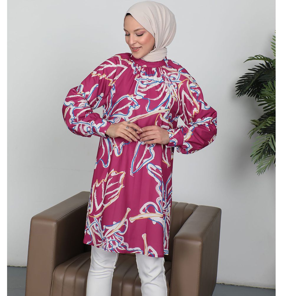 Modefa Modest Woman's Floral Abstract Tunic 2486 - Pink