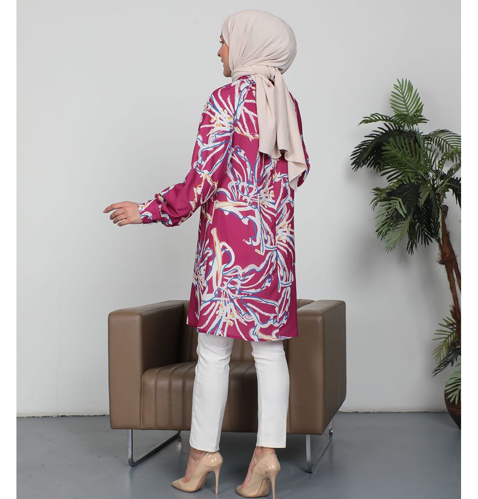 Modefa Modest Woman's Floral Abstract Tunic 2486 - Pink