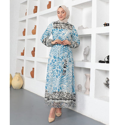 Modefa Modest Women's Dress Abstract Animal Print 3126 - Blue