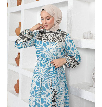 Modefa Modest Women's Dress Abstract Animal Print 3126 - Blue