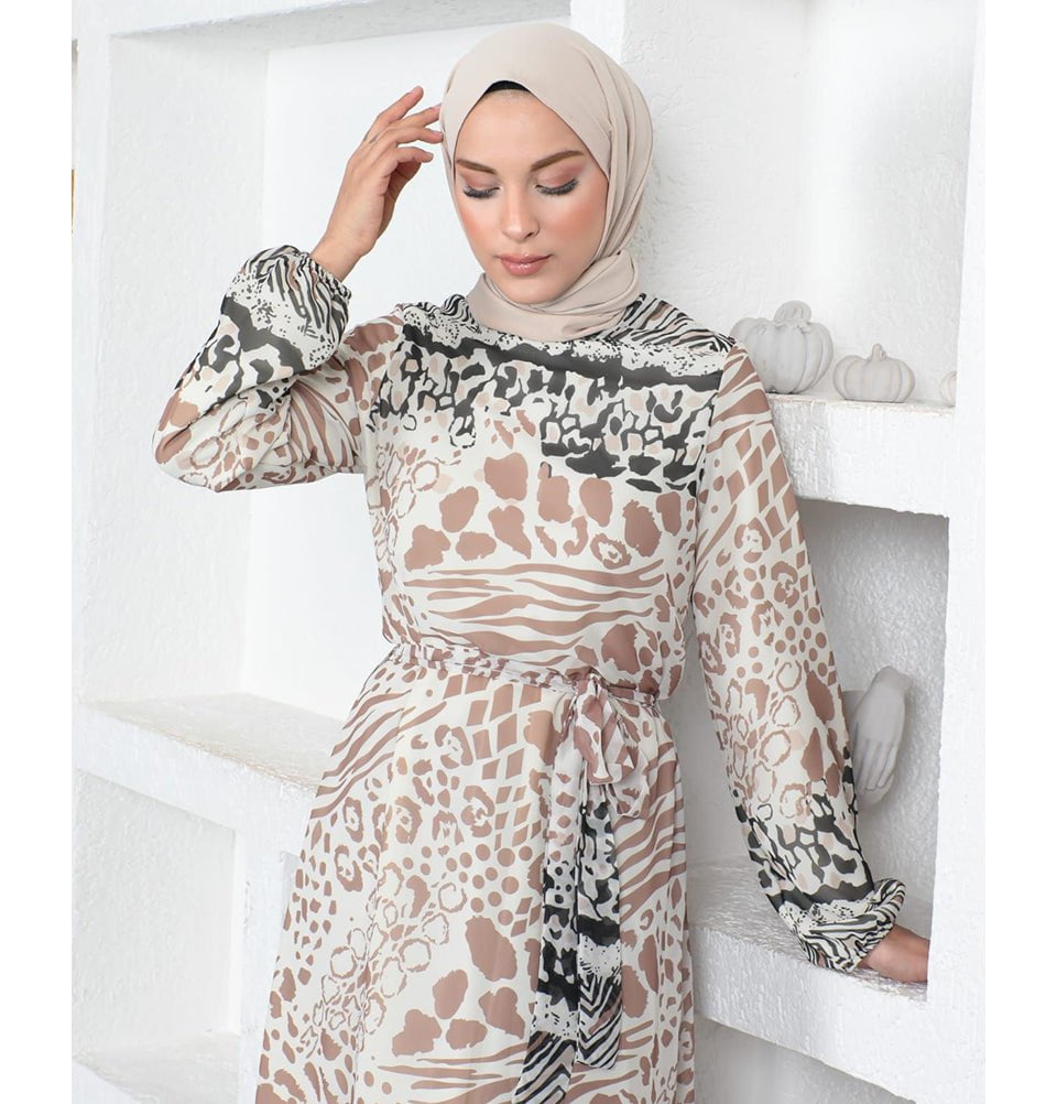 Modefa Modest Women's Dress Abstract Animal Print 3126 - Mink
