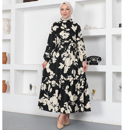 Modefa Modest Women's Dress Floral 9328 - Black