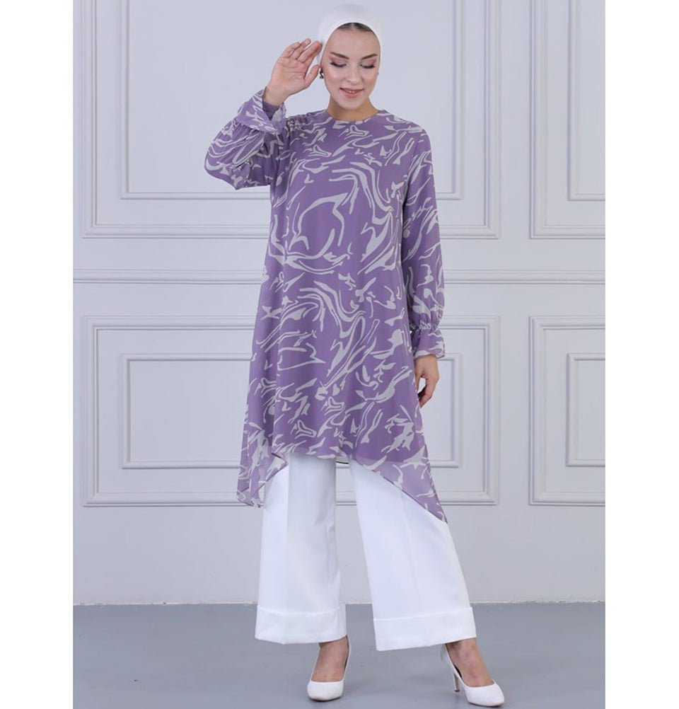 Modefa Modest Women's Formal Abstract Tunic & Pants Set 9269-04 - Lilac