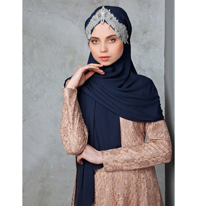 Modefa Navy Blue Melika Chiffon Shawl Instant Hijab with Sequined Bonnet - Navy Blue