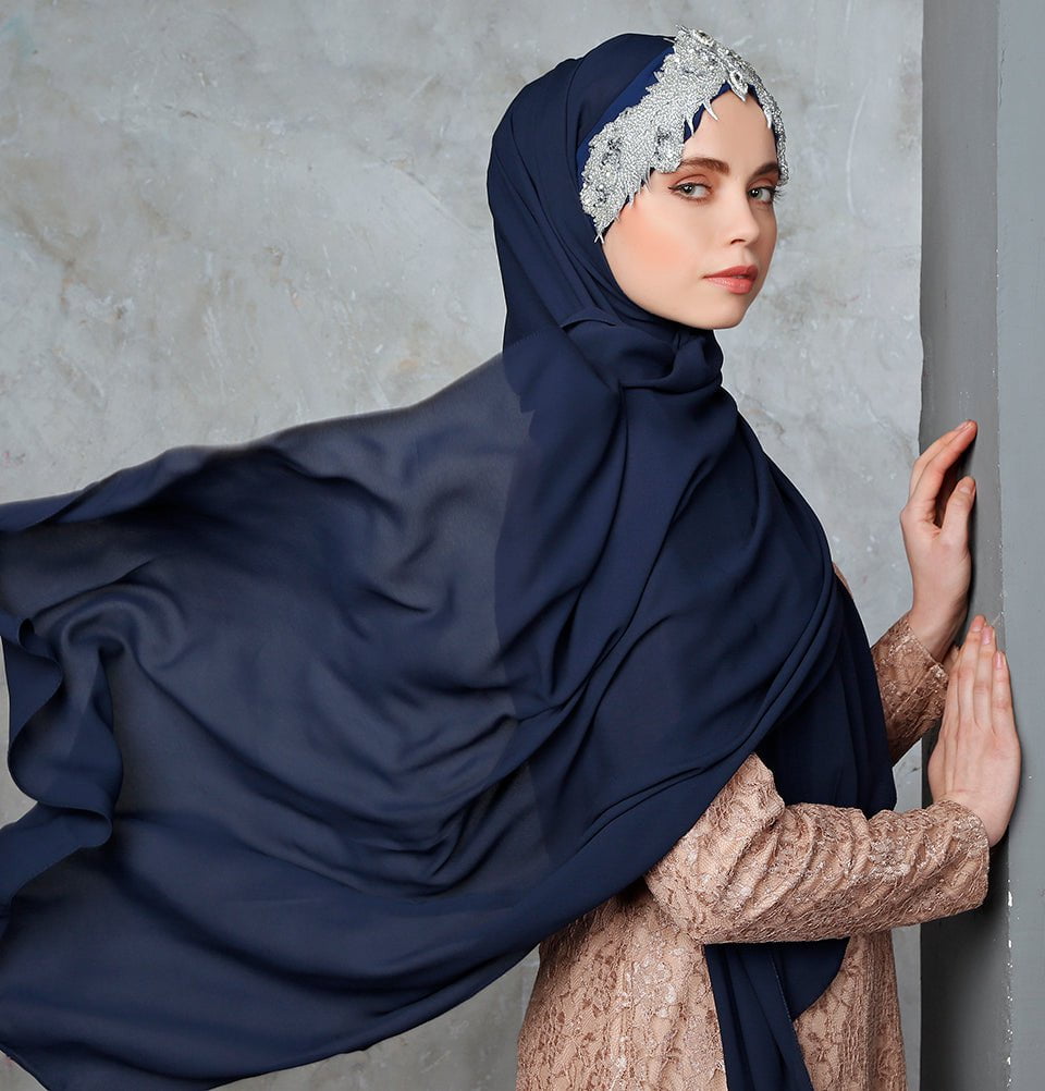Melika Chiffon Shawl Instant Hijab with Sequined Bonnet - Navy Blue