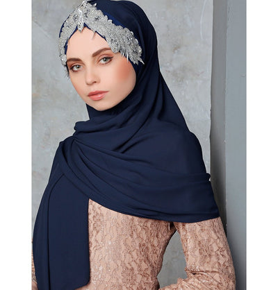 Modefa Navy Blue Melika Chiffon Shawl Instant Hijab with Sequined Bonnet - Navy Blue
