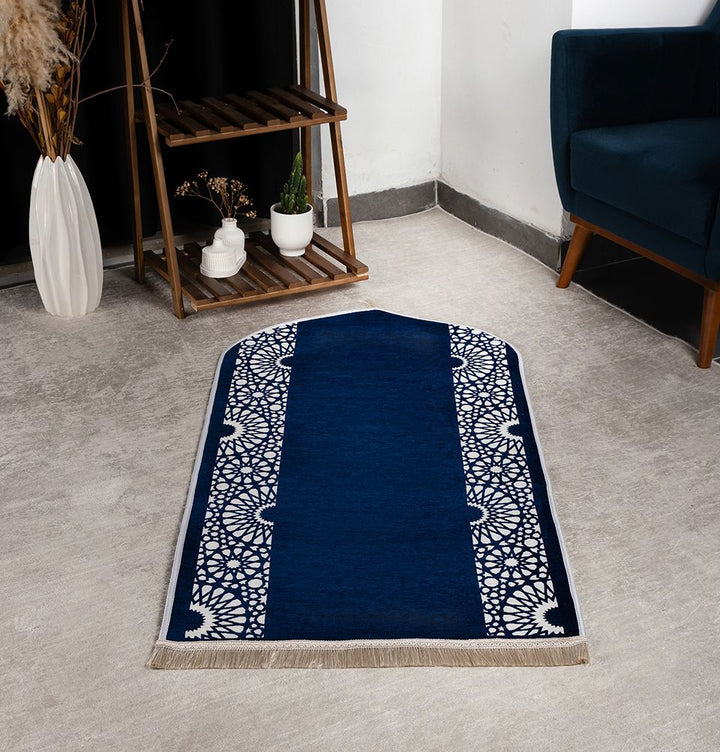 Chenille Foam Islamic Prayer Rug - Mustaqim Navy