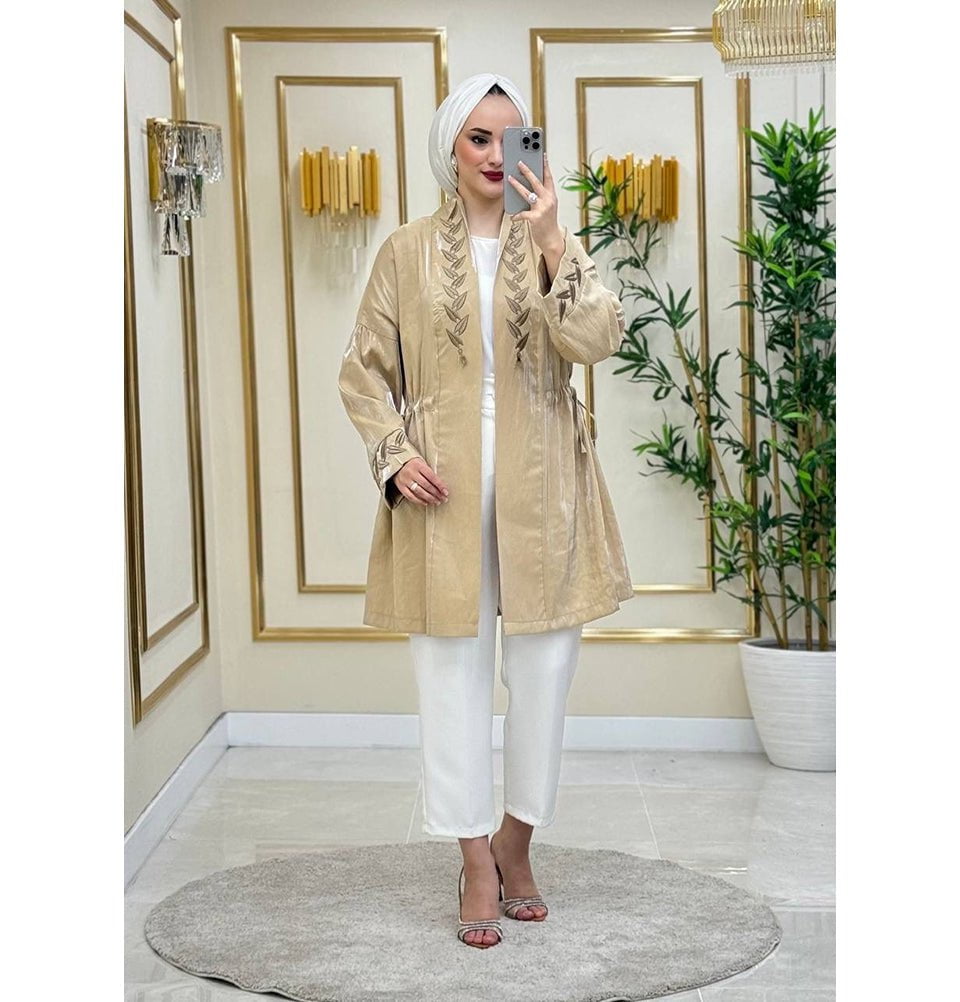 Modefa Outerwear Modern Muslim Woman's Embroidered Open Front Shine Cardigan with Adjustable Waist - 3441 Beige