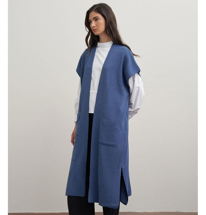 Modern Muslim Women's Pocketed Long Knit Vest - 90016 Indigo
