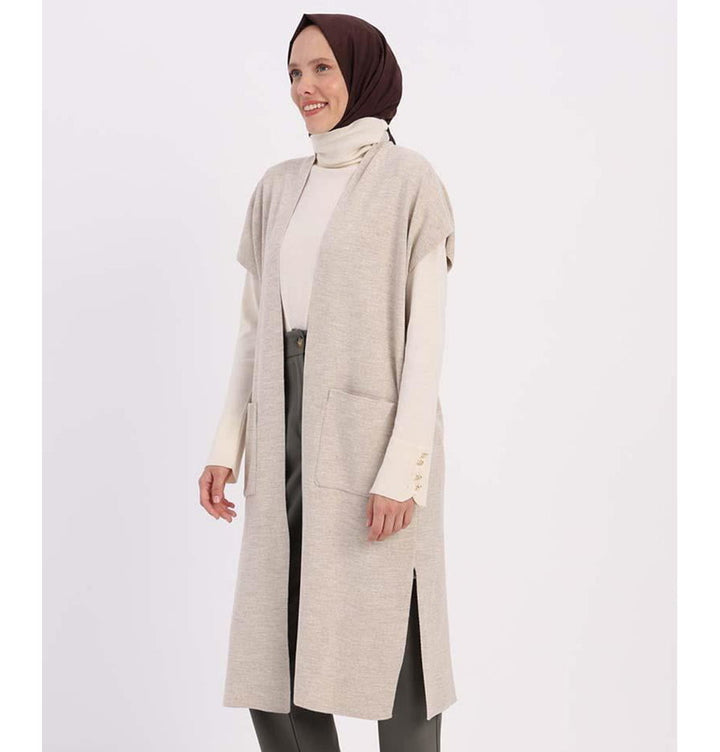 Modern Muslim Women's Pocketed Long Knit Vest - 90016 Stone Beige
