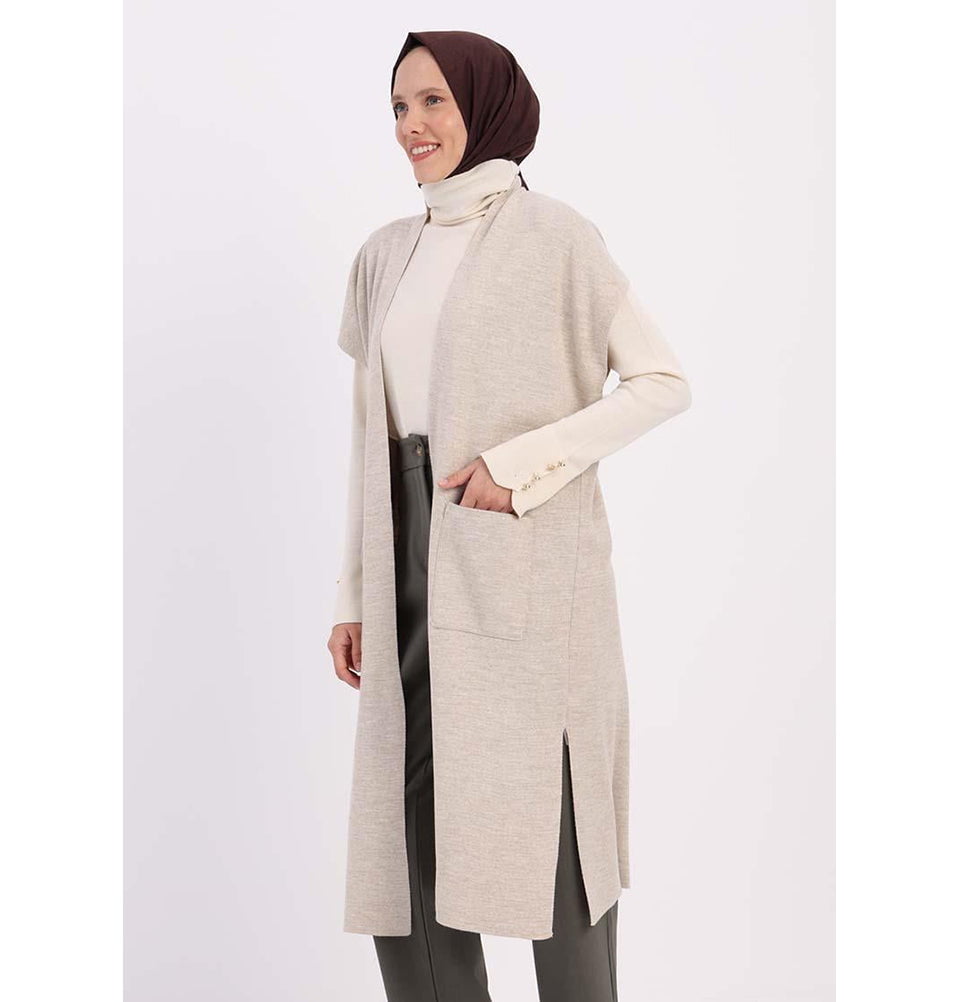 Modern Muslim Women's Pocketed Long Knit Vest - 90016 Stone Beige