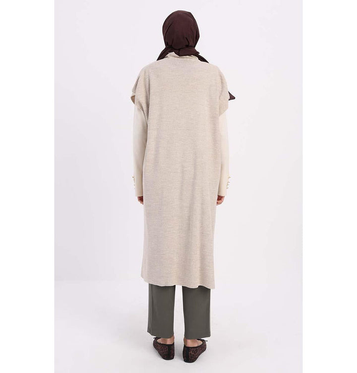 Modern Muslim Women's Pocketed Long Knit Vest - 90016 Stone Beige