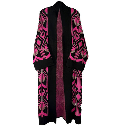 Modefa Outerwear Modest Muslim Women’s Abstract Turkish Tulip Long Knitted Cardigan - Black & Pink