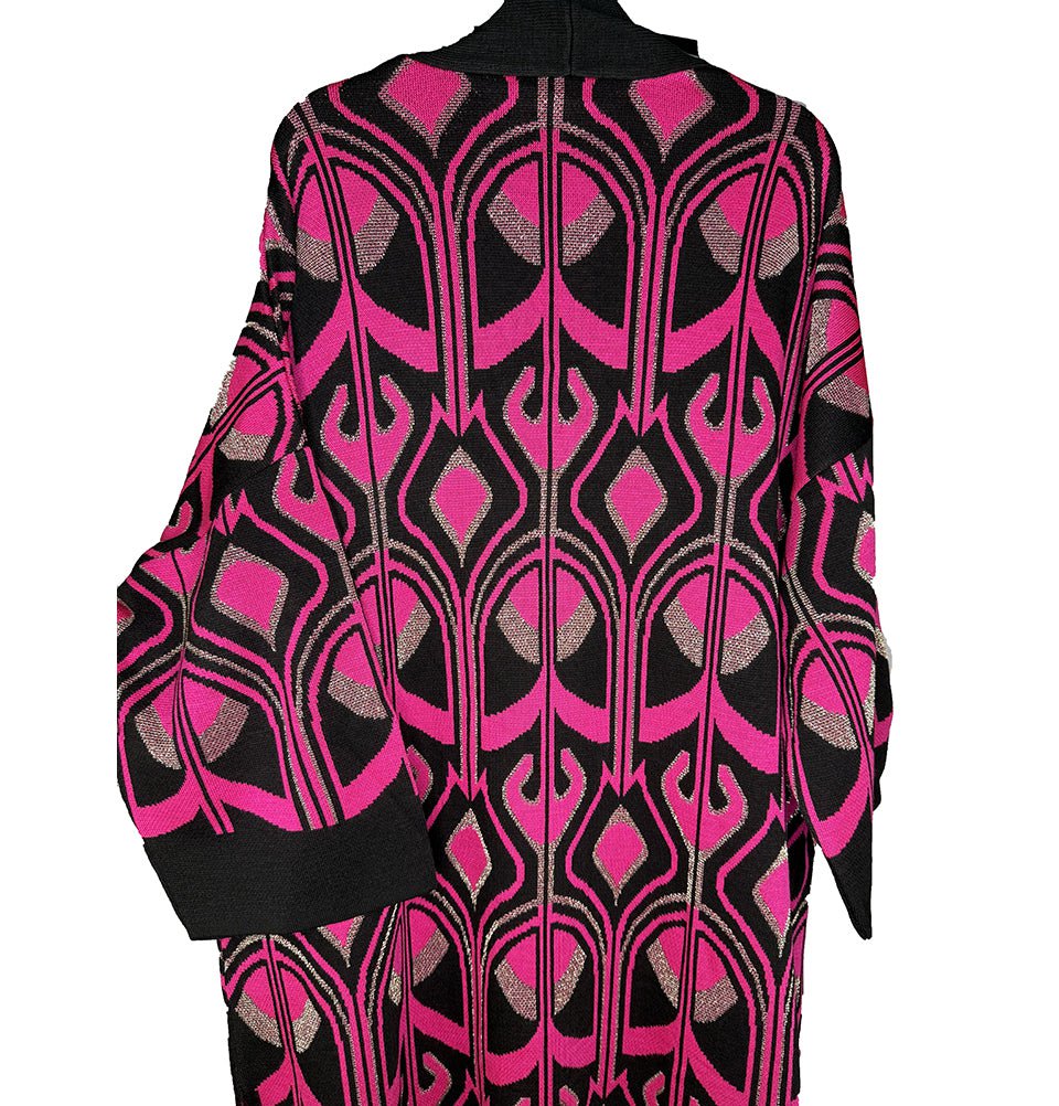 Modefa Outerwear Modest Muslim Women’s Abstract Turkish Tulip Long Knitted Cardigan - Black & Pink