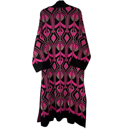 Modefa Outerwear Modest Muslim Women’s Abstract Turkish Tulip Long Knitted Cardigan - Black & Pink