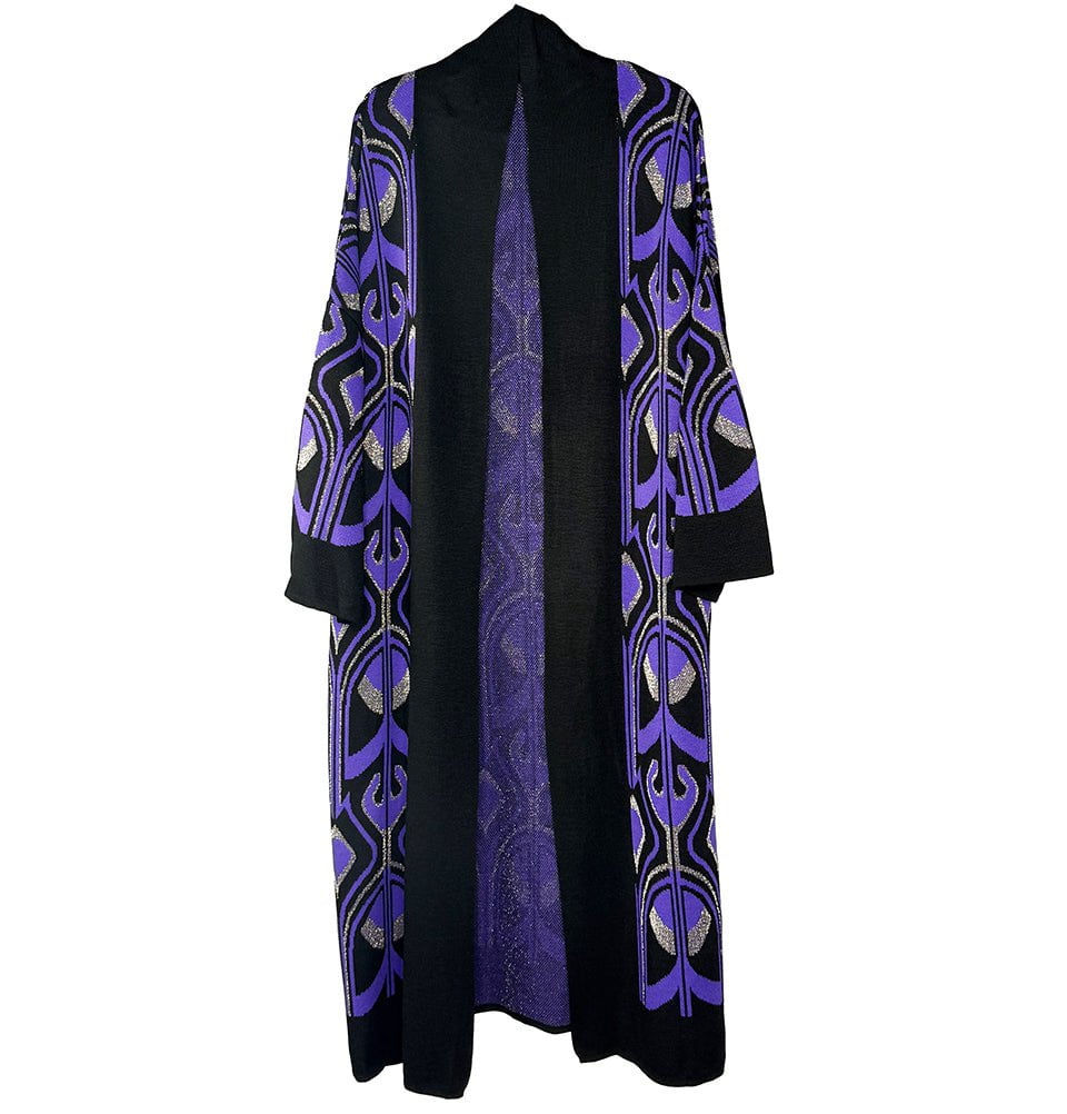 Modefa Outerwear Modest Muslim Women’s Abstract Turkish Tulip Long Knitted Cardigan - Black & Purple