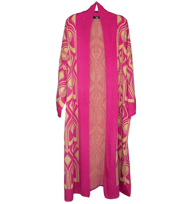 Modefa Outerwear Modest Muslim Women's Abstract Turkish Tulip Long Knitted Cardigan - Pink & Creme
