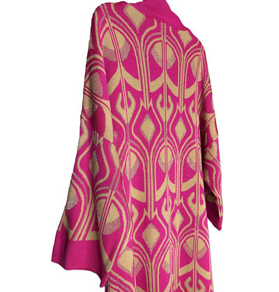 Modefa Outerwear Modest Muslim Women's Abstract Turkish Tulip Long Knitted Cardigan - Pink & Creme