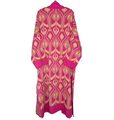 Modefa Outerwear Modest Muslim Women's Abstract Turkish Tulip Long Knitted Cardigan - Pink & Creme