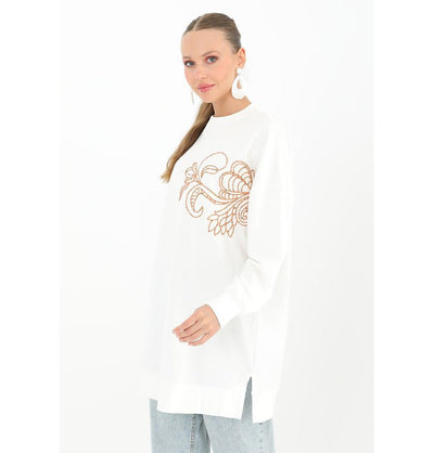 Modefa Outerwear Modest Muslim Women's Beaded Floral Sweatshirt - 10449 White
