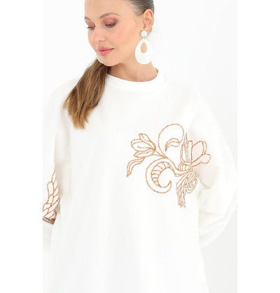 Modefa Outerwear Modest Muslim Women's Beaded Floral Sweatshirt - 10449 White