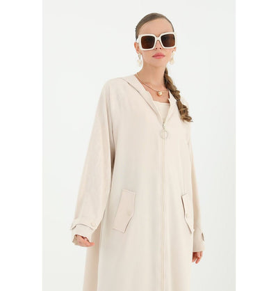 Modefa Outerwear Modest Muslim Women's Hooded Zip Up - 15163 Beige