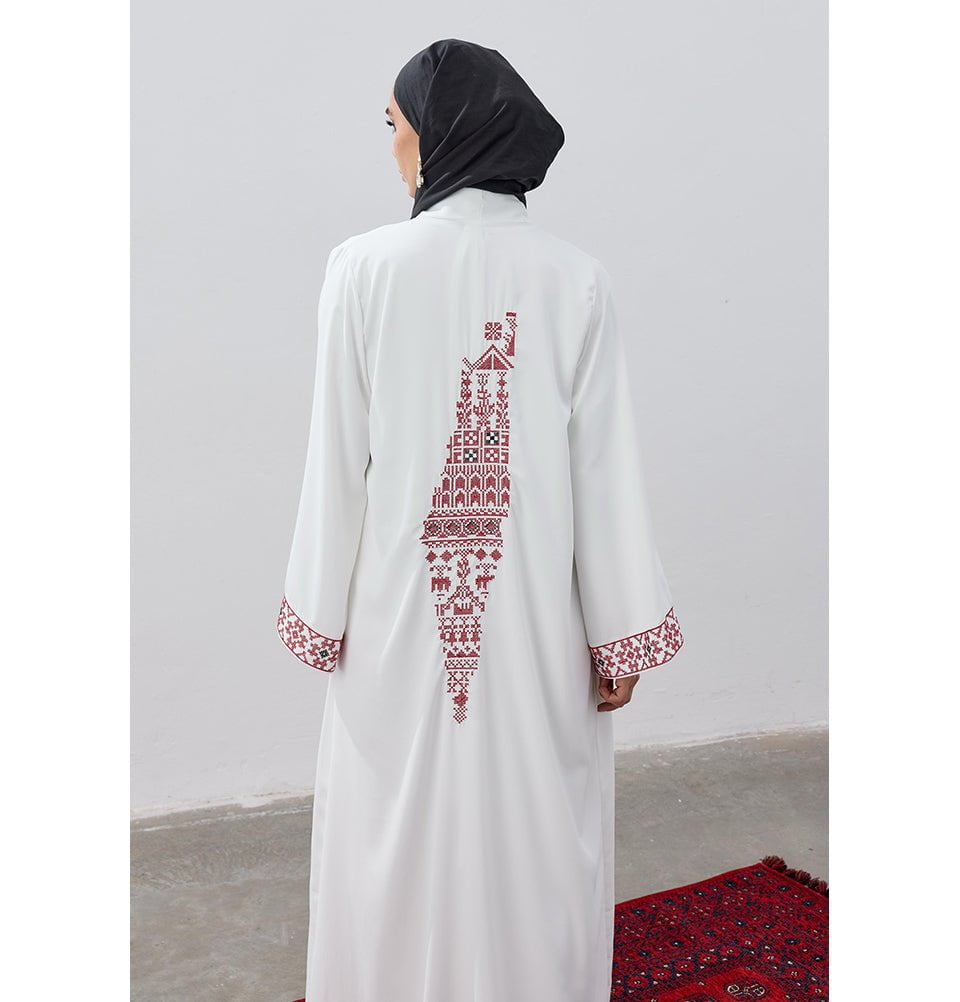 Modefa Outerwear Modest Muslim Women's Long Cardigan with Filisteen Tatreez - White
