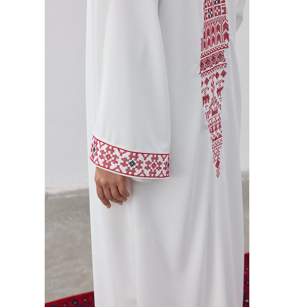 Modefa Outerwear Modest Muslim Women's Long Cardigan with Filisteen Tatreez - White