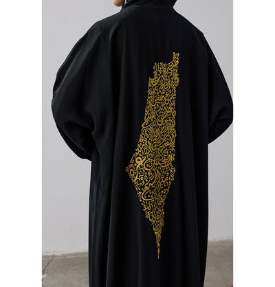 Modefa Outerwear Modest Muslim Women's Long Cardigan with Golden Cities of Filisteen - Black