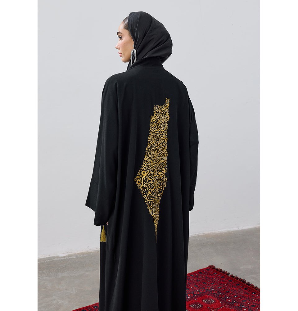 Modefa Outerwear Modest Muslim Women's Long Cardigan with Golden Cities of Filisteen - Black