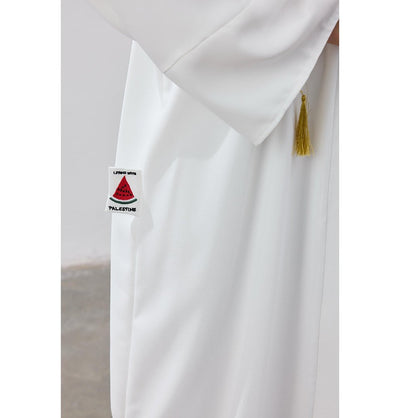 Modefa Outerwear Modest Muslim Women's Long Cardigan with Golden Cities of Filisteen - White