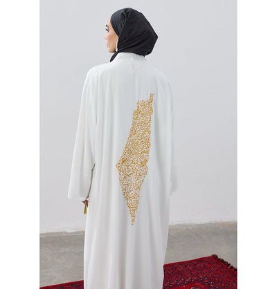 Modefa Outerwear Modest Muslim Women's Long Cardigan with Golden Cities of Filisteen - White