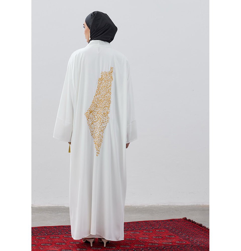 Modefa Outerwear Modest Muslim Women's Long Cardigan with Golden Cities of Filisteen - White