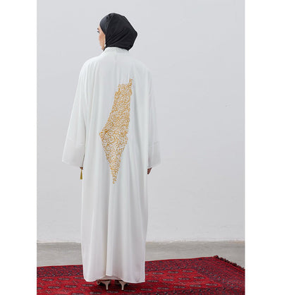 Modefa Outerwear Modest Muslim Women's Long Cardigan with Golden Cities of Filisteen - White