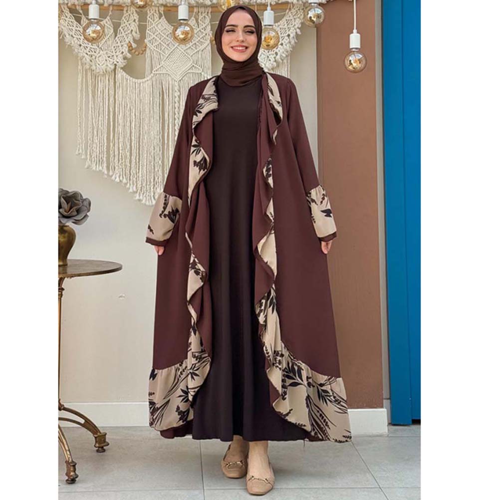 Modefa Outerwear Modest Muslim Women’s Open Front Abaya with Ruffle Trim - 7908 Choco Medley
