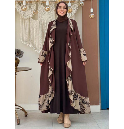 Modefa Outerwear Modest Muslim Women’s Open Front Abaya with Ruffle Trim - 7908 Choco Medley