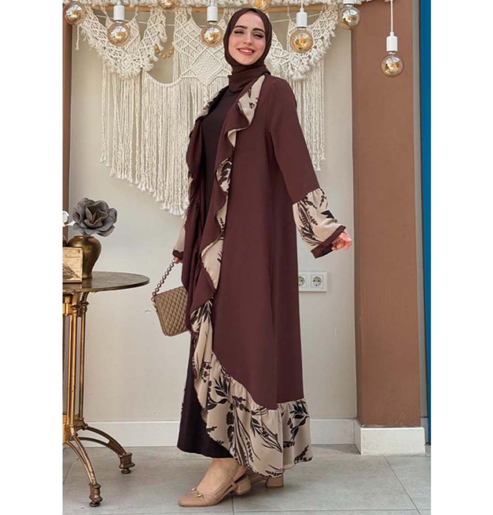 Modefa Outerwear Modest Muslim Women’s Open Front Abaya with Ruffle Trim - 7908 Choco Medley