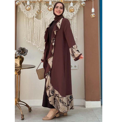 Modefa Outerwear Modest Muslim Women’s Open Front Abaya with Ruffle Trim - 7908 Choco Medley