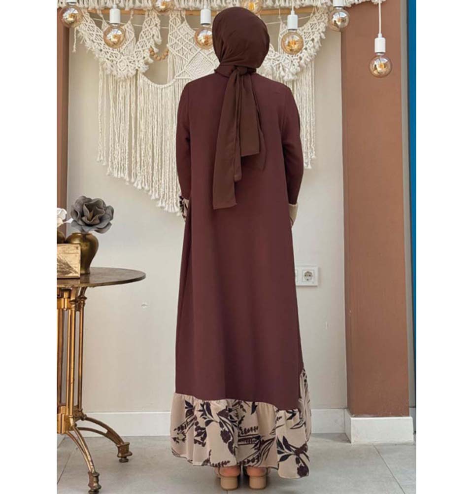 Modest Muslim Women's Open Front Abaya with Ruffle Trim - 7908 Choco M