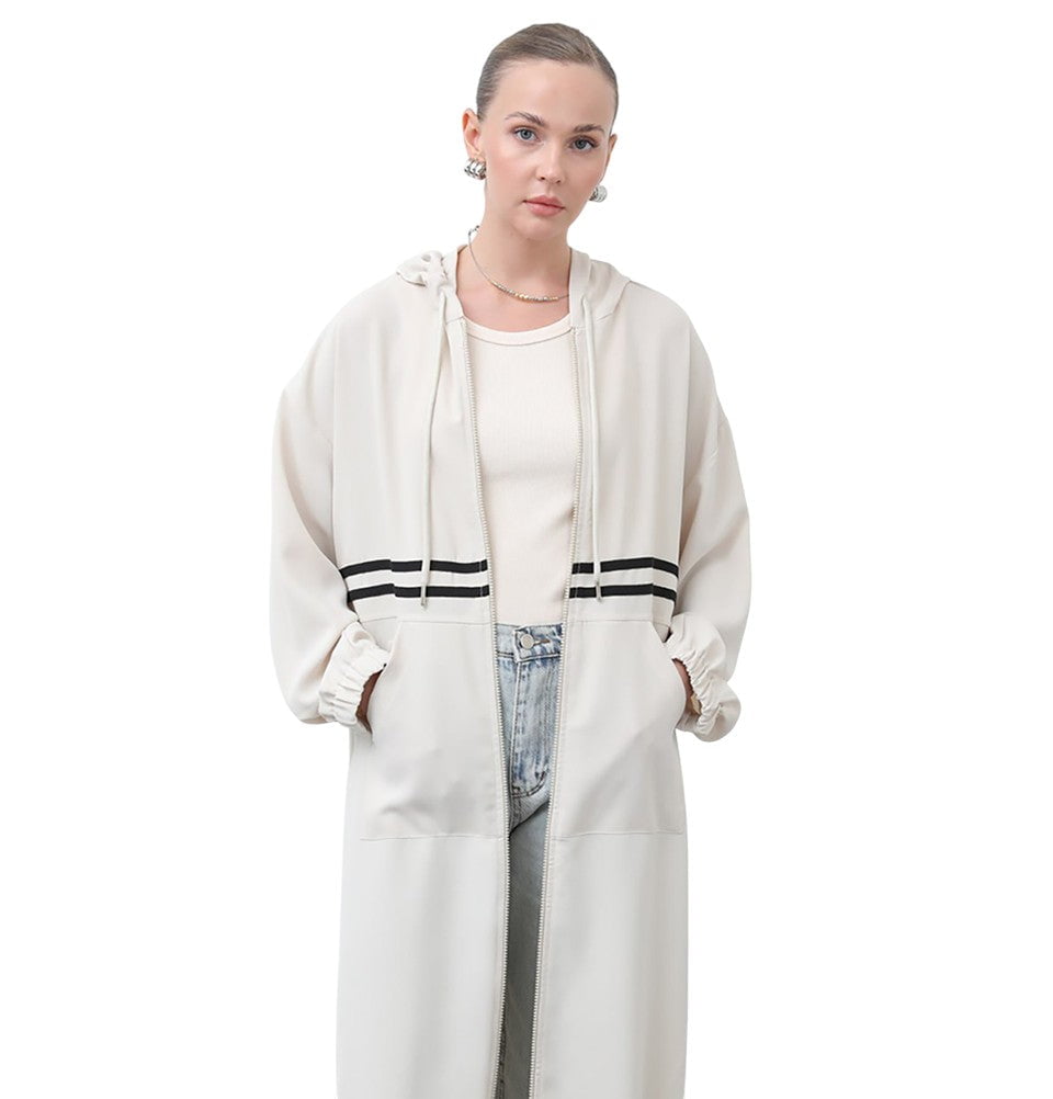Modefa Outerwear Muslim Women's Longline Zip Hoodie Lightweight Jacket - 15199 Light Beige