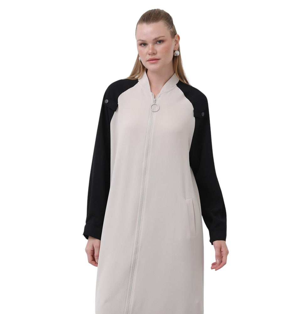Modefa Outerwear Muslim Women's Two Tone Lightweight Zip-up Jacket - 15200 Beige