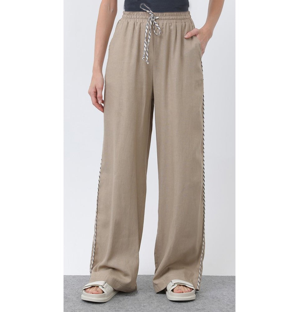 Modefa Pant Modern Muslim Women's Linen Casual Wide Leg Drawstring Pants - M32342 Mink