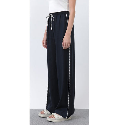 Modefa Pant Modern Muslim Women's Linen Casual Wide Leg Drawstring Pants - M32342 Navy Blue
