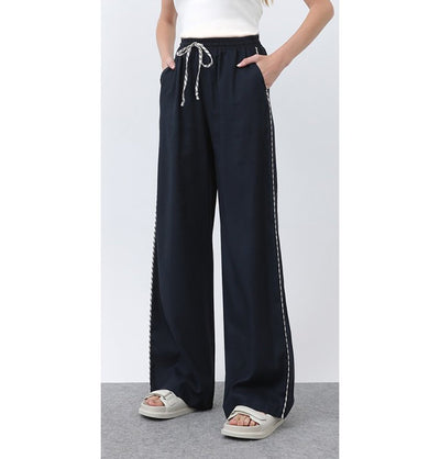 Modefa Pant Modern Muslim Women's Linen Casual Wide Leg Drawstring Pants - M32342 Navy Blue