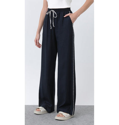 Modefa Pant Modern Muslim Women's Linen Casual Wide Leg Drawstring Pants - M32342 Navy Blue