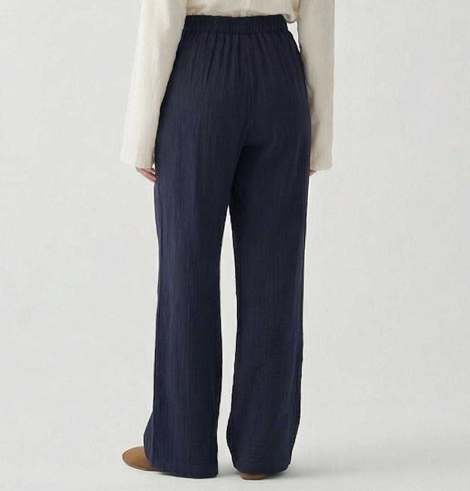 Women's Drawstring Muslin Wide Leg Pants - 70188 Navy Blue