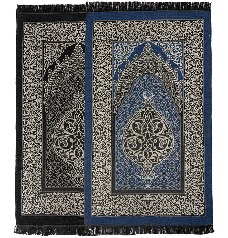 Modefa Prayer Rug Black + Blue Chenille Ottoman Islamic Prayer Mat COMBO Set of 2  (Black + Blue)