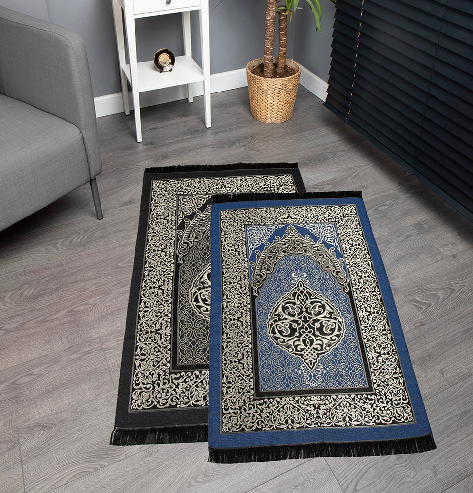 Modefa Prayer Rug Black + Blue Chenille Ottoman Islamic Prayer Mat COMBO Set of 2  (Black + Blue)